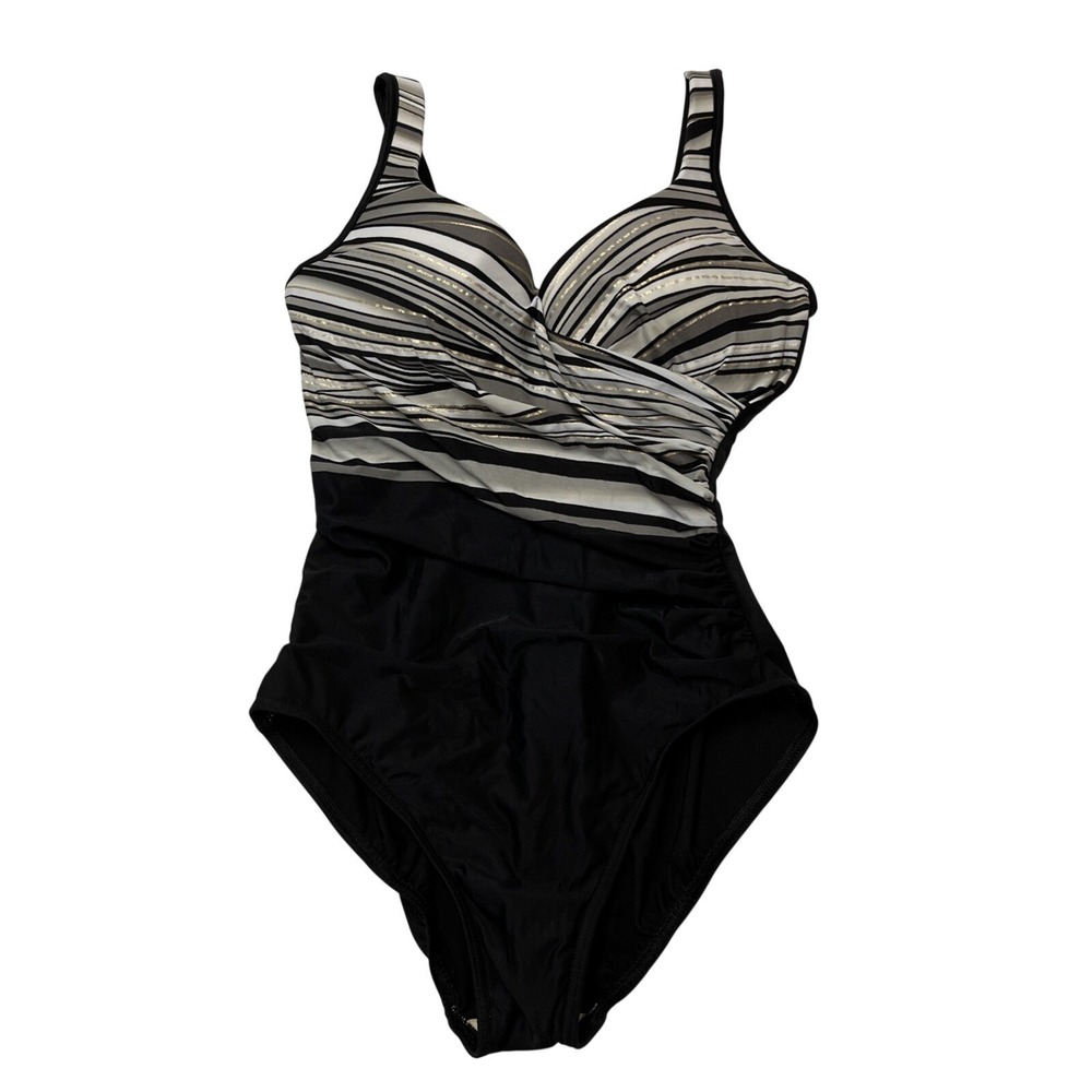 Miraclesuit Swimsuit Black Metallic Striped Crossover Bodice Size 14 Slimming